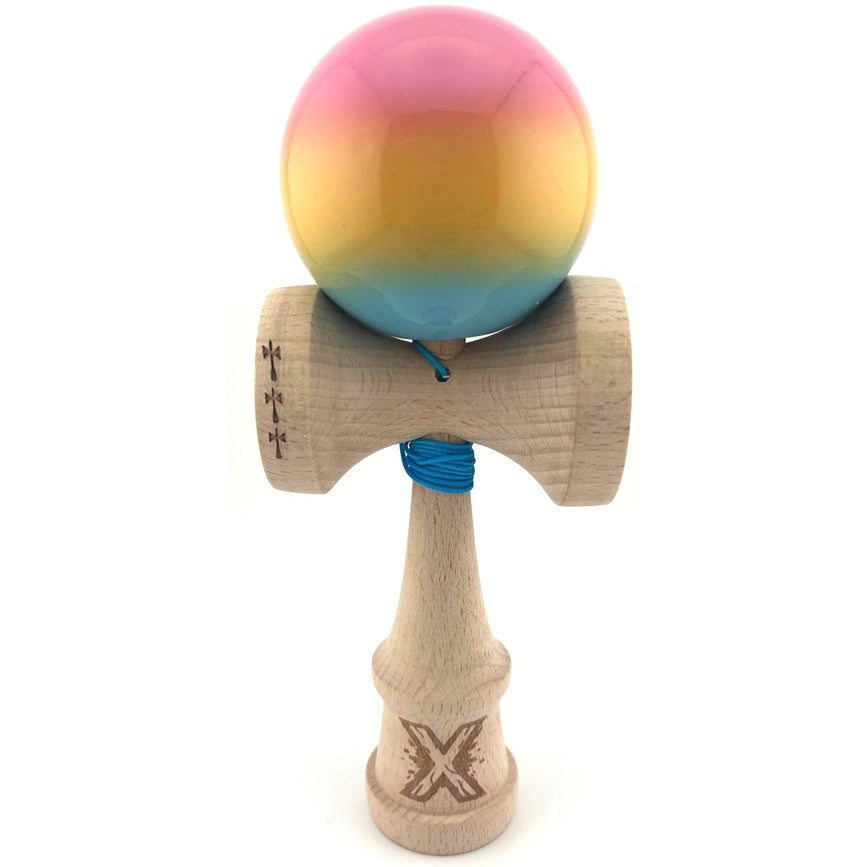 Kendama X Originala, Profesionala, Flippy, Big Cups V2, Super Sticky, Rulment Metalic cu Ata 55 cm, Roz/Galben/Albastru - vivimall.ro