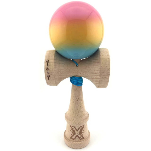 Kendama X Originala, Profesionala, Flippy, Big Cups V2, Super Sticky, Rulment Metalic cu Ata 55 cm, Roz/Galben/Albastru - vivimall.ro