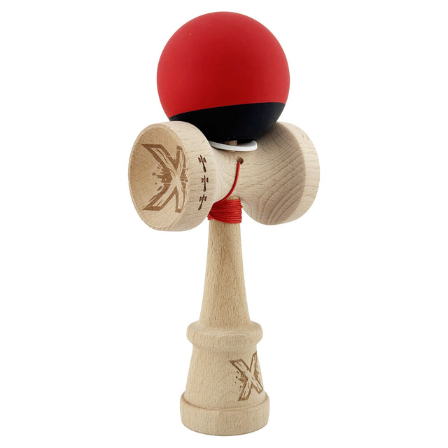 Kendama X Originala, Profesionala, Vivimall, Cupe Mari KING SIZE V3, Rubber Grip, Gaura in Baza, Rulment Metalic, din lemn 18 cm, Ata 55 cm, Bicolor Rosu/Negru - vivimall.ro