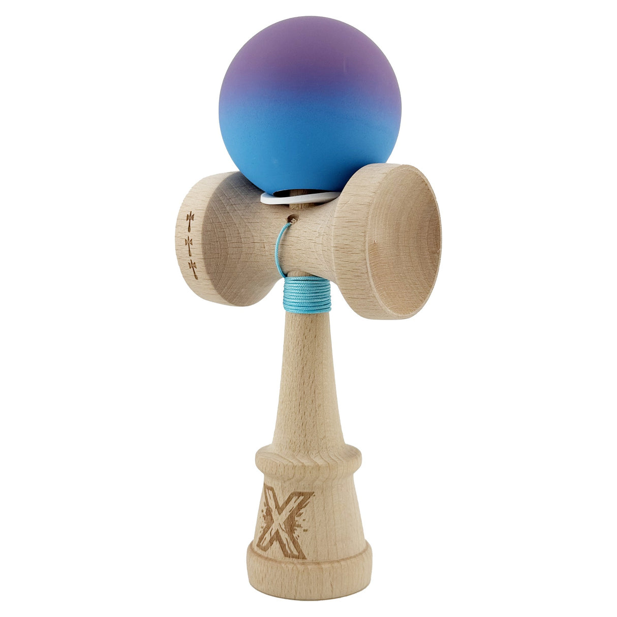 Kendama X Originala, Profesionala, Vivimall, Cupe Mari KING SIZE V3, Rubber Grip, Gaura in Baza, Rulment Metalic, din lemn 18 cm, Ata 55 cm, Gradient Mov/Albastru - vivimall.ro