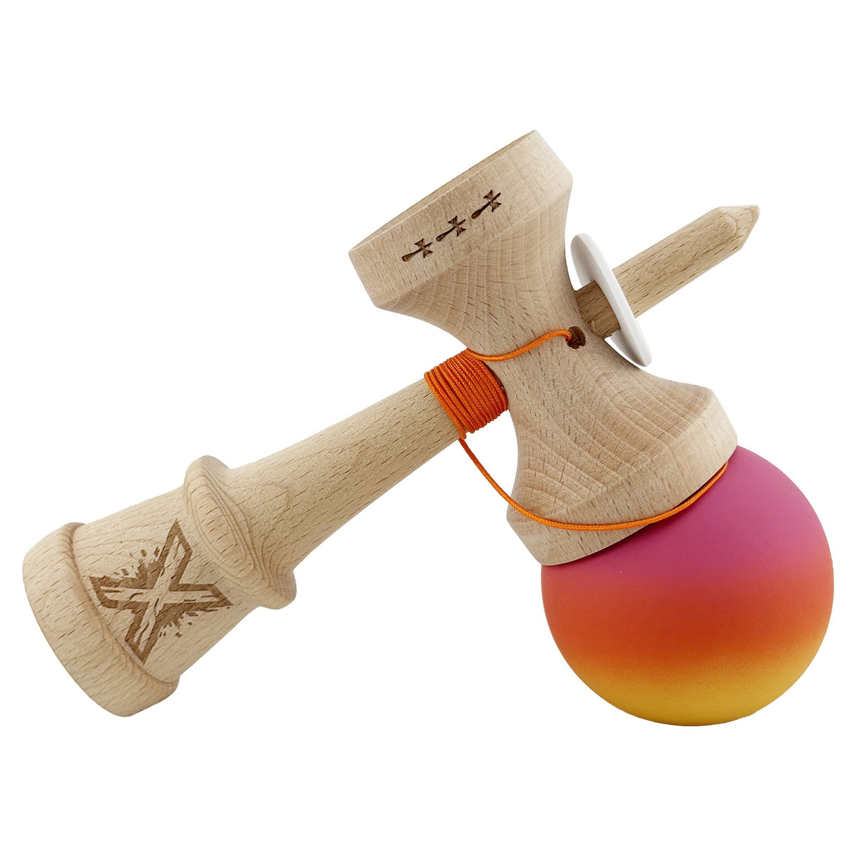 Kendama X Originala, Profesionala, Vivimall, Cupe Mari KING SIZE V3, Rubber Grip, Gaura in Baza, Rulment Metalic, din lemn 18 cm, Ata 55 cm, Gradient Roz/Rosu/Galben - vivimall.ro