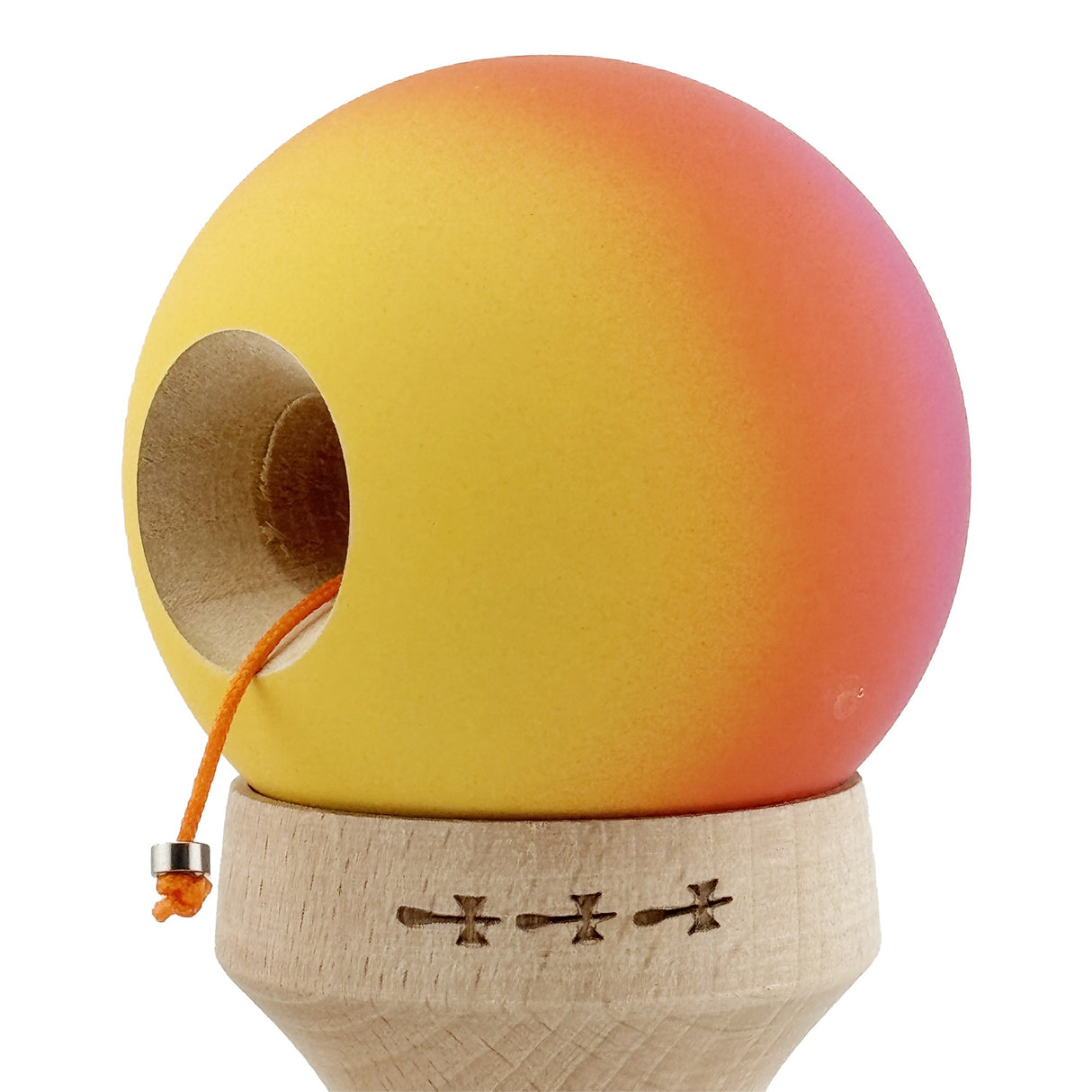 Kendama X Originala, Profesionala, Vivimall, Cupe Mari KING SIZE V3, Rubber Grip, Gaura in Baza, Rulment Metalic, din lemn 18 cm, Ata 55 cm, Gradient Roz/Rosu/Galben - vivimall.ro