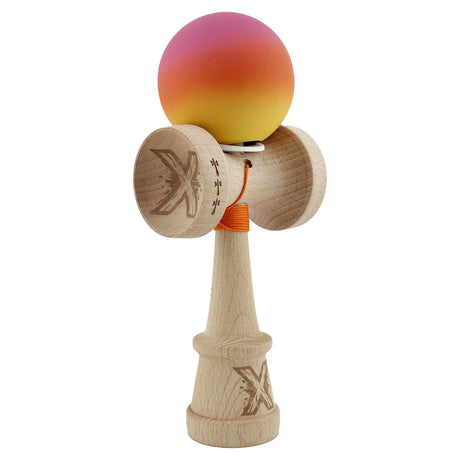 Kendama X Originala, Profesionala, Vivimall, Cupe Mari KING SIZE V3, Rubber Grip, Gaura in Baza, Rulment Metalic, din lemn 18 cm, Ata 55 cm, Gradient Roz/Rosu/Galben - vivimall.ro