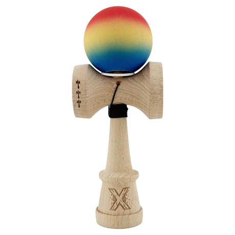 Kendama X Originala, Profesionala, Vivimall, Cupe Mari KING SIZE V3, Rubber Grip, Gaura in Baza, Rulment Metalic, din lemn 18 cm, Ata 55 cm, Gradient Rosu/Galben/Albastru - vivimall.ro