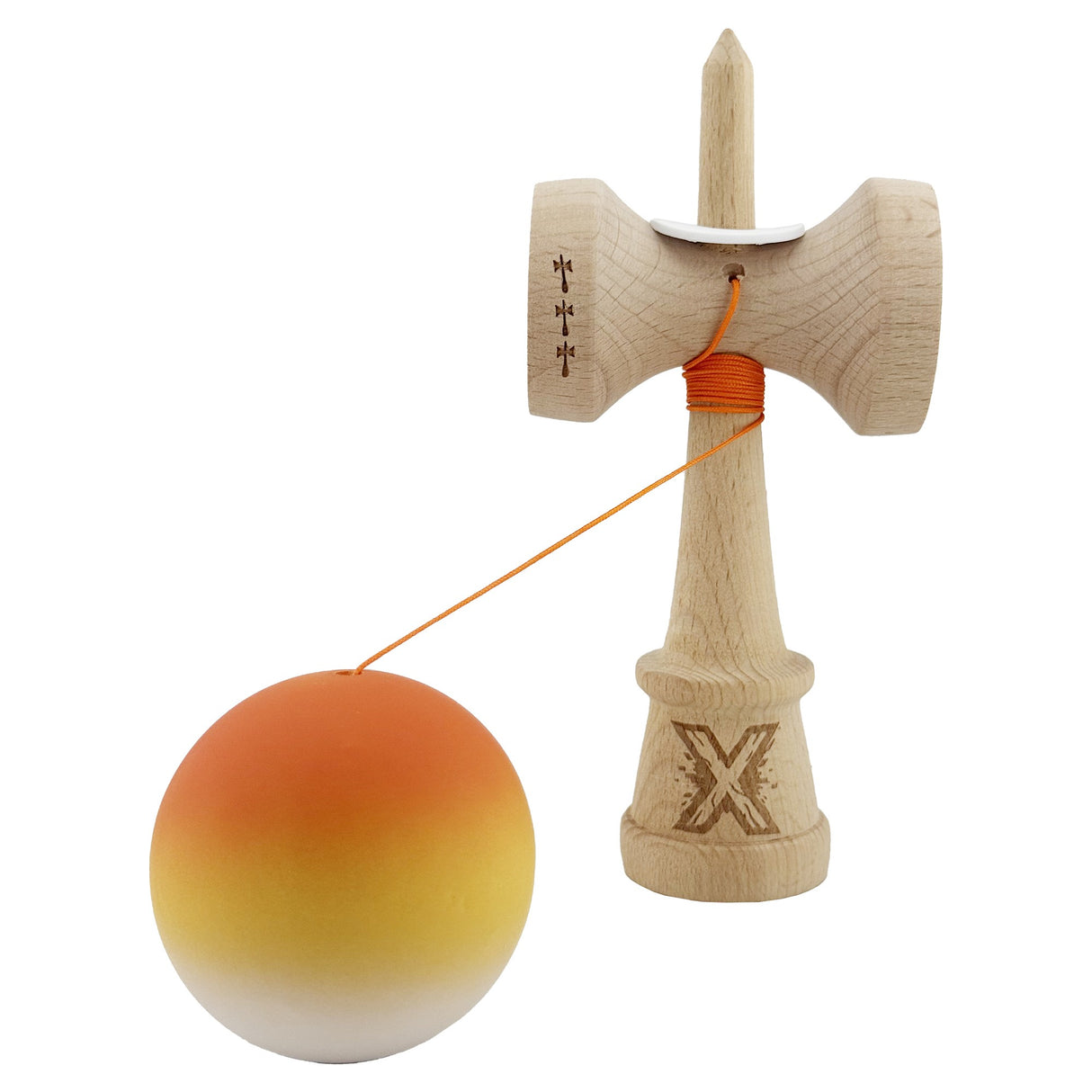 Kendama X Originala, Profesionala, Vivimall, Cupe Mari KING SIZE V3, Rubber Grip, Gaura in Baza, Rulment Metalic, din lemn 18 cm, Ata 55 cm, Gradient Portocaliu/Galben/Alb - vivimall.ro