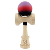 Kendama X Originala, Profesionala, Vivimall, Cupe Mari KING SIZE V3, Rubber Grip, Gaura in Baza, Rulment Metalic, din lemn 18 cm, Ata 55 cm, Gradient Mov/Rosu/Negru - vivimall.ro