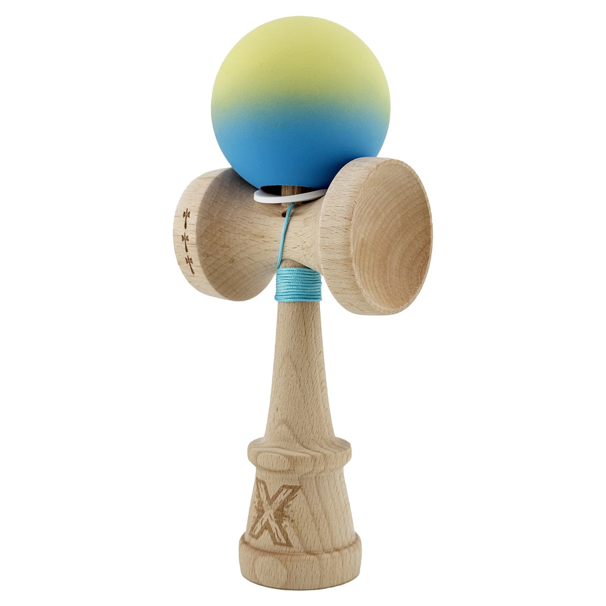 Kendama X Originala, Profesionala, Vivimall, Cupe Mari KING SIZE V3, Rubber Grip, Gaura in Baza, Rulment Metalic, din lemn 18 cm, Ata 55 cm, Gradient Galben/Albastru deschis - vivimall.ro