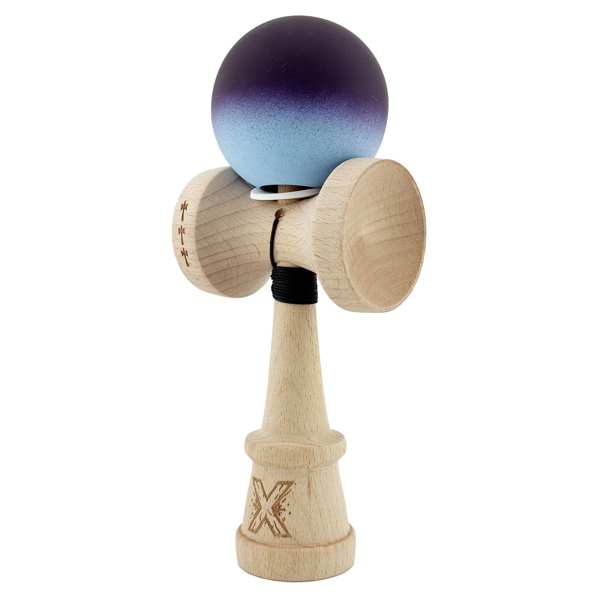 Kendama X Originala, Profesionala, Vivimall, Cupe Mari KING SIZE V3, Rubber Grip, Gaura in Baza, Rulment Metalic, din lemn 18 cm, Ata 55 cm, Gradient Negru/Albastru deschis - vivimall.ro