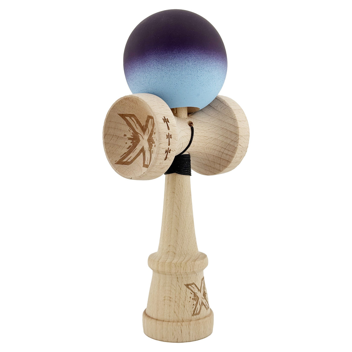 Kendama X Originala, Profesionala, Vivimall, Cupe Mari KING SIZE V3, Rubber Grip, Gaura in Baza, Rulment Metalic, din lemn 18 cm, Ata 55 cm, Gradient Negru/Albastru deschis - vivimall.ro