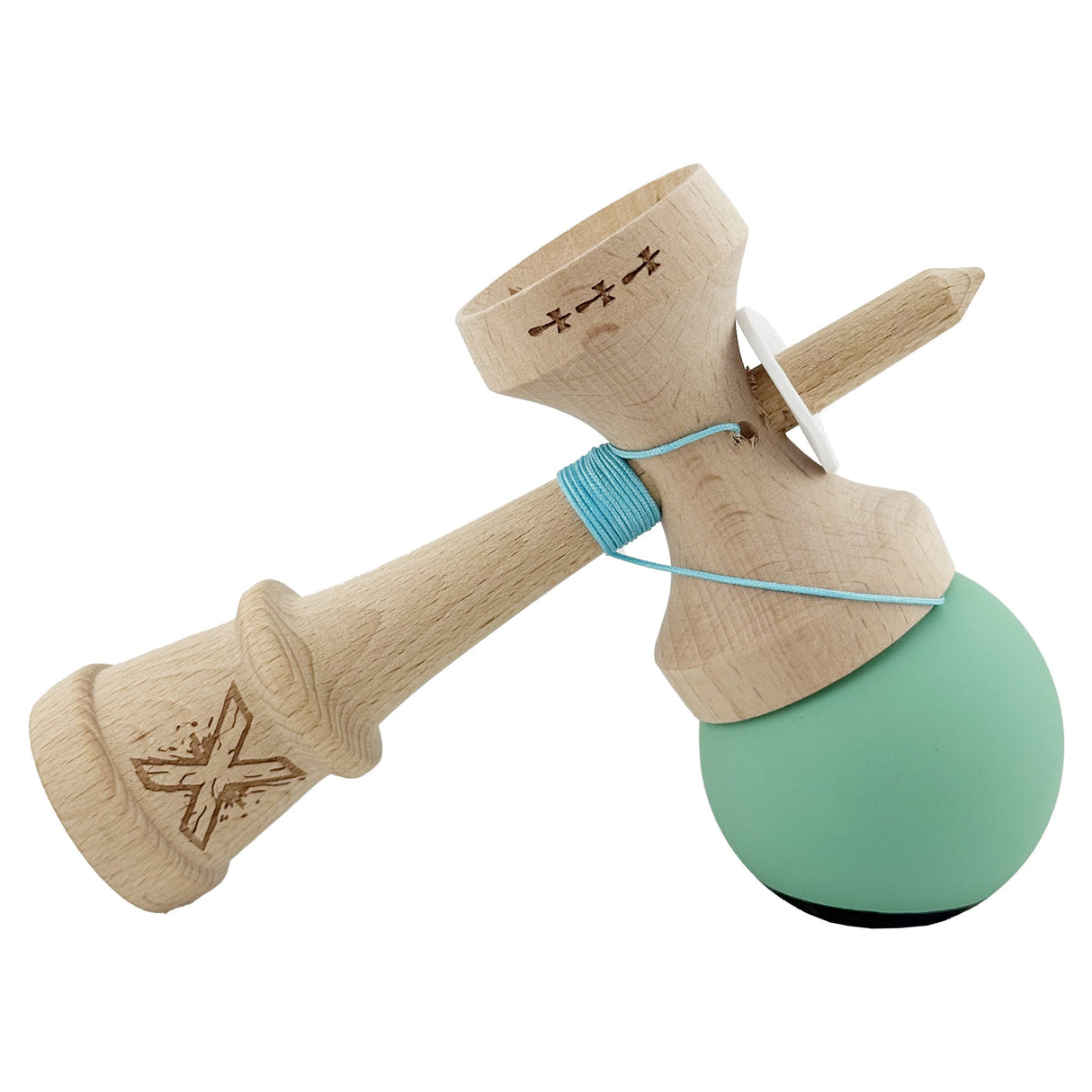 Kendama X Originala, Profesionala, Vivimall, Rubber Grip, Cupe Mari KING SIZE V3, Gaura in Baza, Rulment Metalic, din lemn 18 cm, Ata 55 cm, Bicolor Turcoaz/Albastru inchis - vivimall.ro