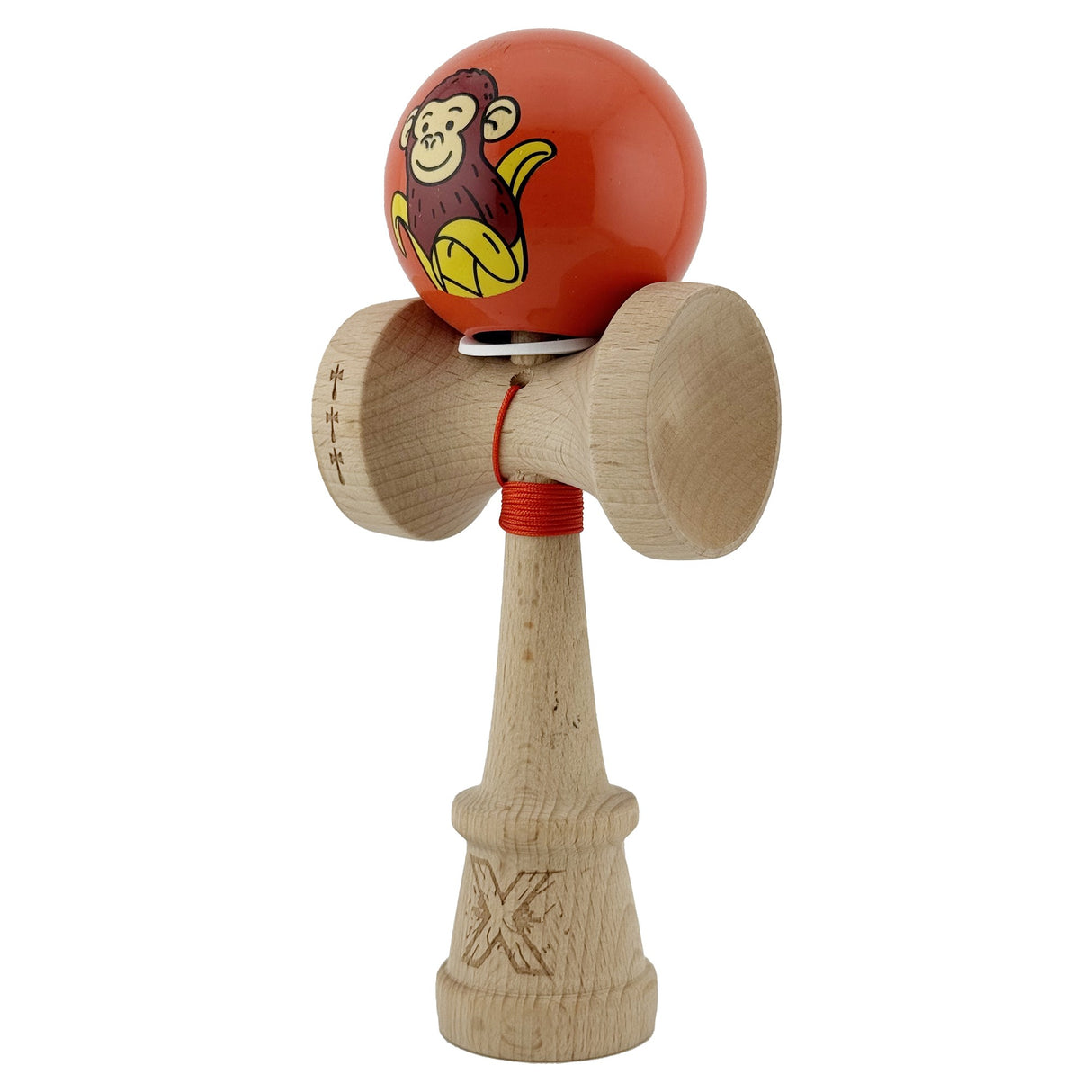 Kendama X Originala, Profesionala, Vivimall, Brown Monkey, Super Sticky cu Cupe Mari King Size V3, Rulment Metalic si Gaura in Baza, din Lemn 18 cm, Ata 55 cm, Rosu - vivimall.ro