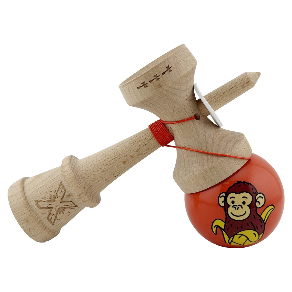 Kendama X Originala, Profesionala, Vivimall, Brown Monkey, Super Sticky cu Cupe Mari King Size V3, Rulment Metalic si Gaura in Baza, din Lemn 18 cm, Ata 55 cm, Rosu - vivimall.ro
