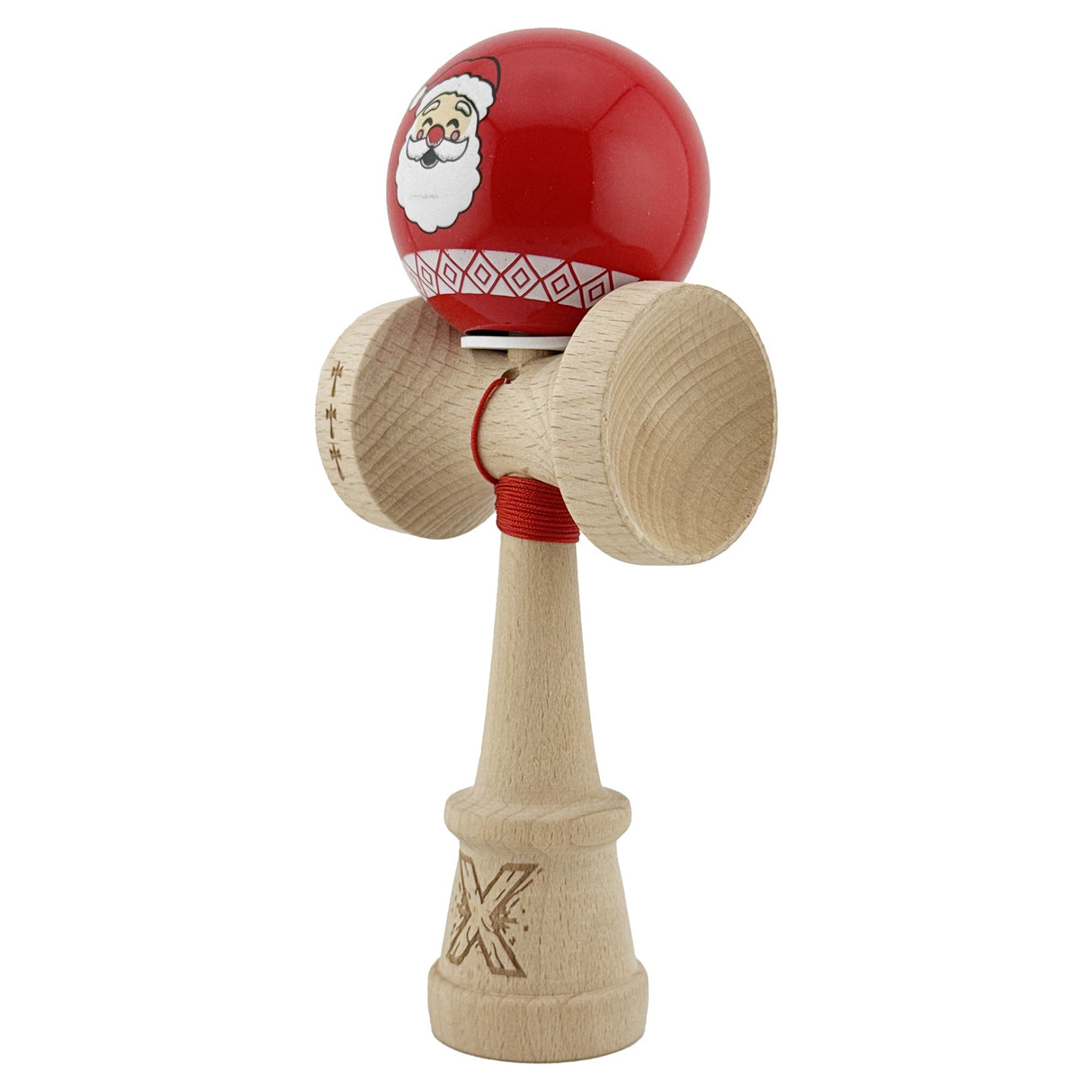 Kendama X Originala, Profesionala, Vivimall, Christmas Edition, Super Sticky cu Cupe Mari KING SIZE V3, Rulment Metalic si Gaura in Baza, din Lemn 18 cm, Ata 55 cm, Rosu Mos Craciun - vivimall.ro