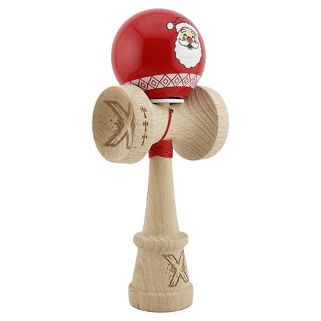 Kendama X Originala, Profesionala, Vivimall, Christmas Edition, Super Sticky cu Cupe Mari KING SIZE V3, Rulment Metalic si Gaura in Baza, din Lemn 18 cm, Ata 55 cm, Rosu Mos Craciun - vivimall.ro