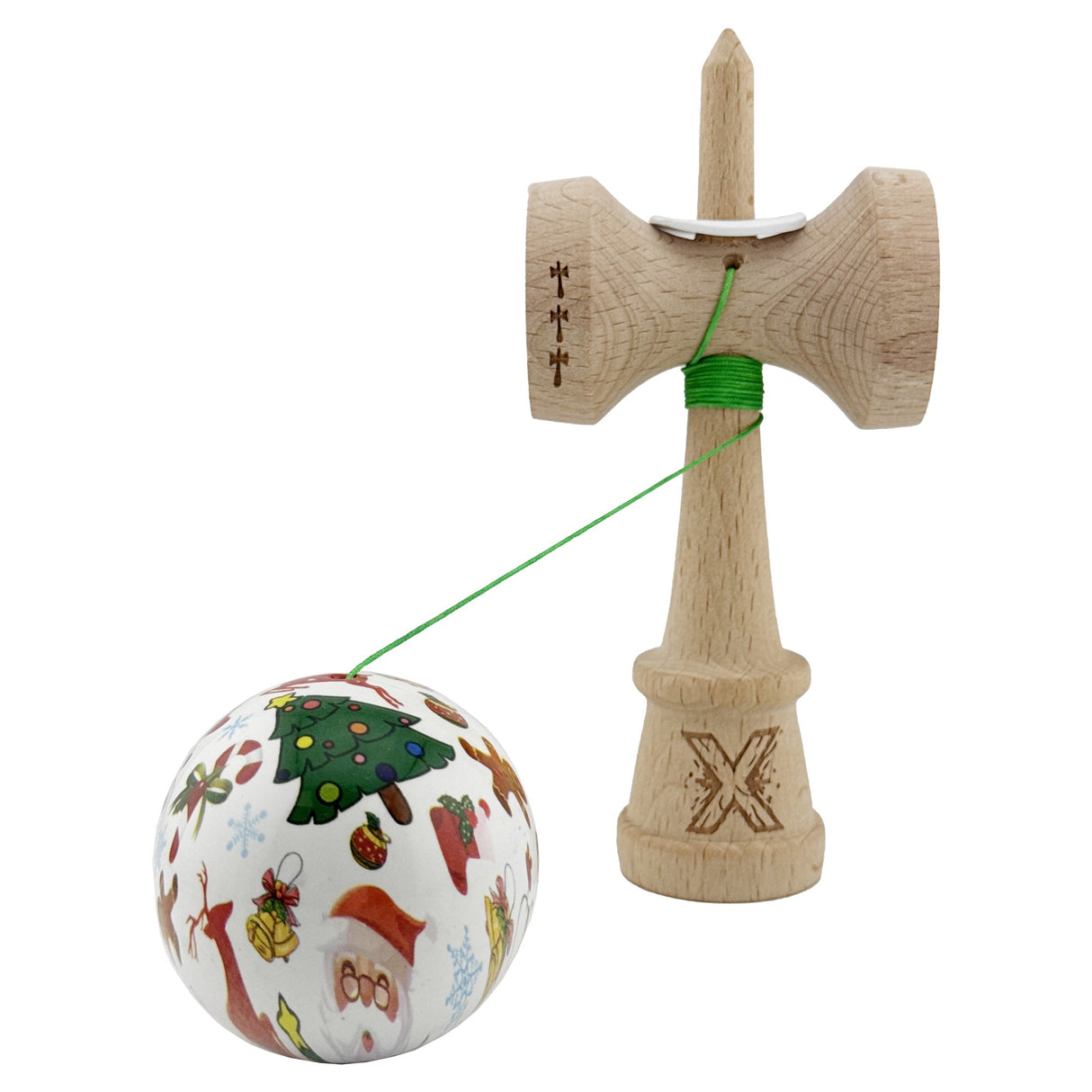 Kendama X Originala, Profesionala, Vivimall, Christmas Edition, Super Sticky cu Cupe Mari KING SIZE V3, Rulment Metalic si Gaura in Baza, din Lemn 18 cm, Ata 55 cm, Alb Xmass Party - vivimall.ro