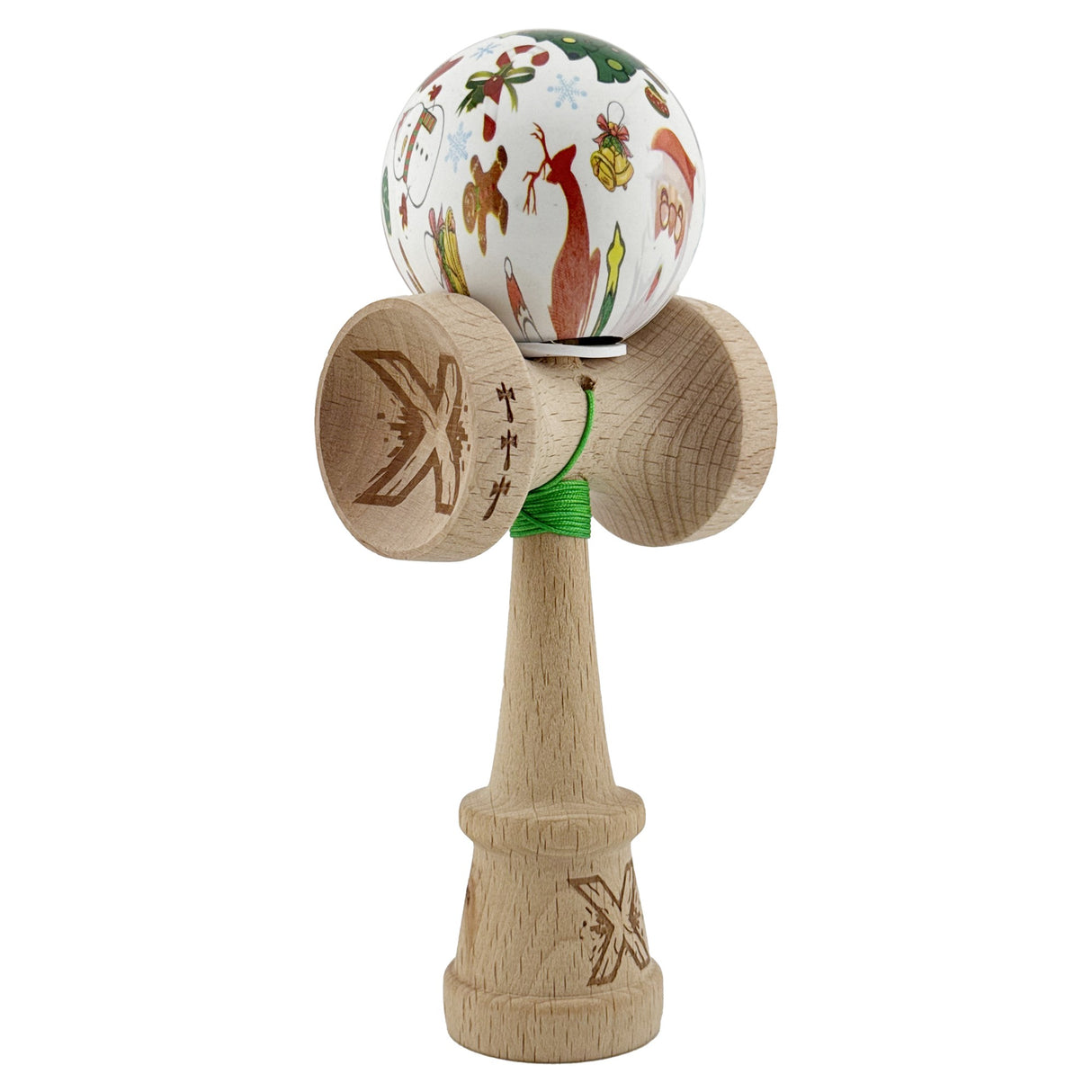 Kendama X Originala, Profesionala, Vivimall, Christmas Edition, Super Sticky cu Cupe Mari KING SIZE V3, Rulment Metalic si Gaura in Baza, din Lemn 18 cm, Ata 55 cm, Alb Xmass Party - vivimall.ro