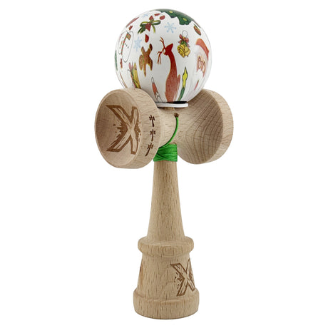 Kendama X Originala, Profesionala, Vivimall, Christmas Edition, Super Sticky cu Cupe Mari KING SIZE V3, Rulment Metalic si Gaura in Baza, din Lemn 18 cm, Ata 55 cm, Alb Xmass Party - vivimall.ro