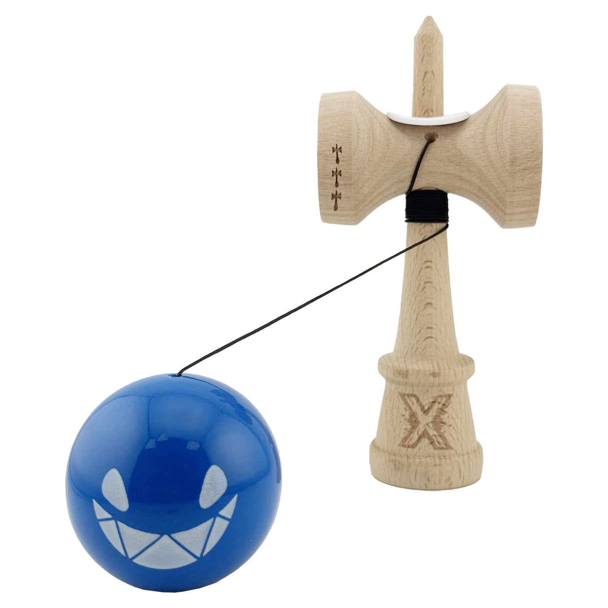 Kendama X Originala, Profesionala, Vivimall, Crazy Smile, Super Sticky cu Cupe Mari KING SIZE V3, Gaura in Baza, Rulment Metalic, din lemn 18 cm, Ata 62/65 cm, Special Albastru - vivimall.ro