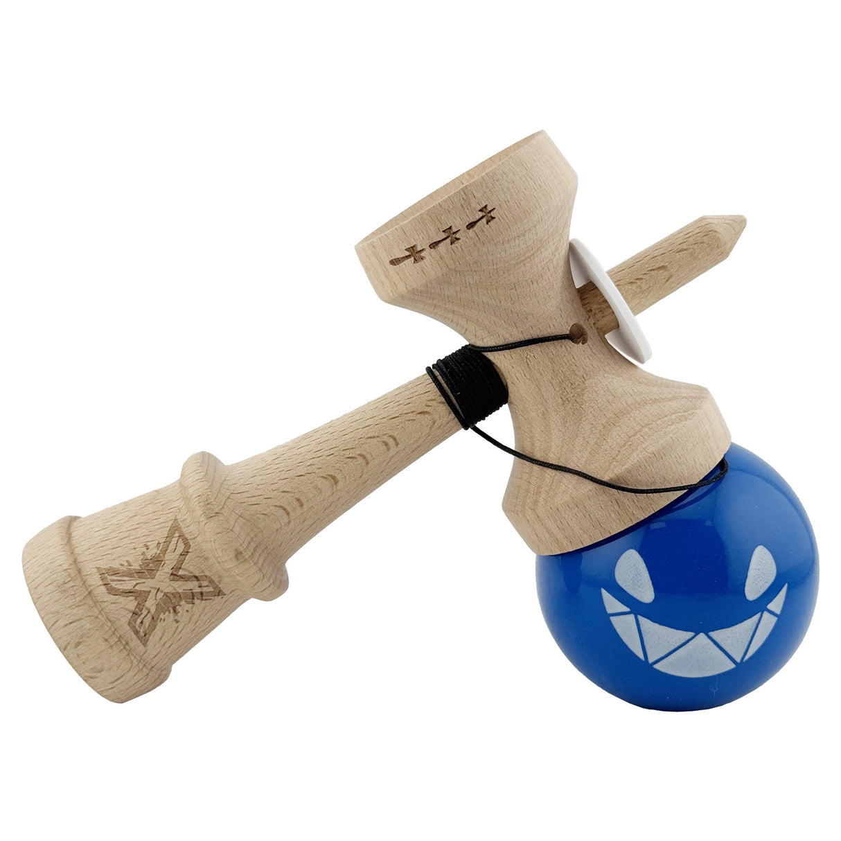 Kendama X Originala, Profesionala, Vivimall, Crazy Smile, Super Sticky cu Cupe Mari KING SIZE V3, Gaura in Baza, Rulment Metalic, din lemn 18 cm, Ata 62/65 cm, Special Albastru - vivimall.ro
