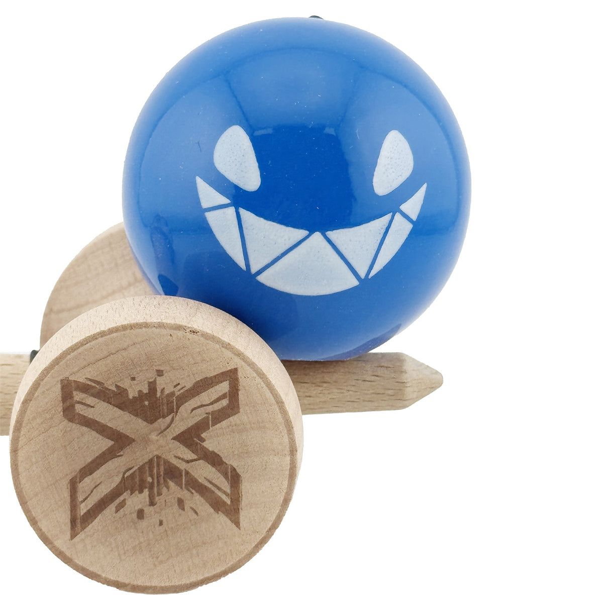 Kendama X Originala, Profesionala, Vivimall, Crazy Smile, Super Sticky cu Cupe Mari KING SIZE V3, Gaura in Baza, Rulment Metalic, din lemn 18 cm, Ata 62/65 cm, Special Albastru - vivimall.ro