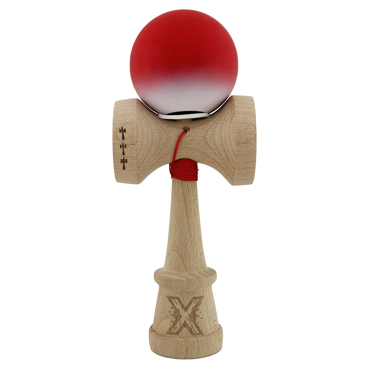 Kendama X Originala, Profesionala, Vivimall, Cupe Mari KING SIZE V3, Rubber Grip, Gaura in Baza, Rulment Metalic, din lemn 18 cm, Ata 55 cm, Gradient Rosu/Alb - vivimall.ro