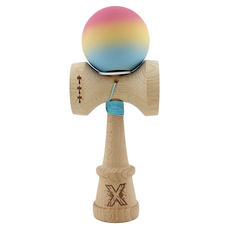 Kendama X Originala, Profesionala, Vivimall, Cupe Mari KING SIZE V3, Rubber Grip, Gaura in Baza, Rulment Metalic, din lemn 18 cm, Ata 55 cm, Gradient Roz/Galben/Albastru deschis - vivimall.ro