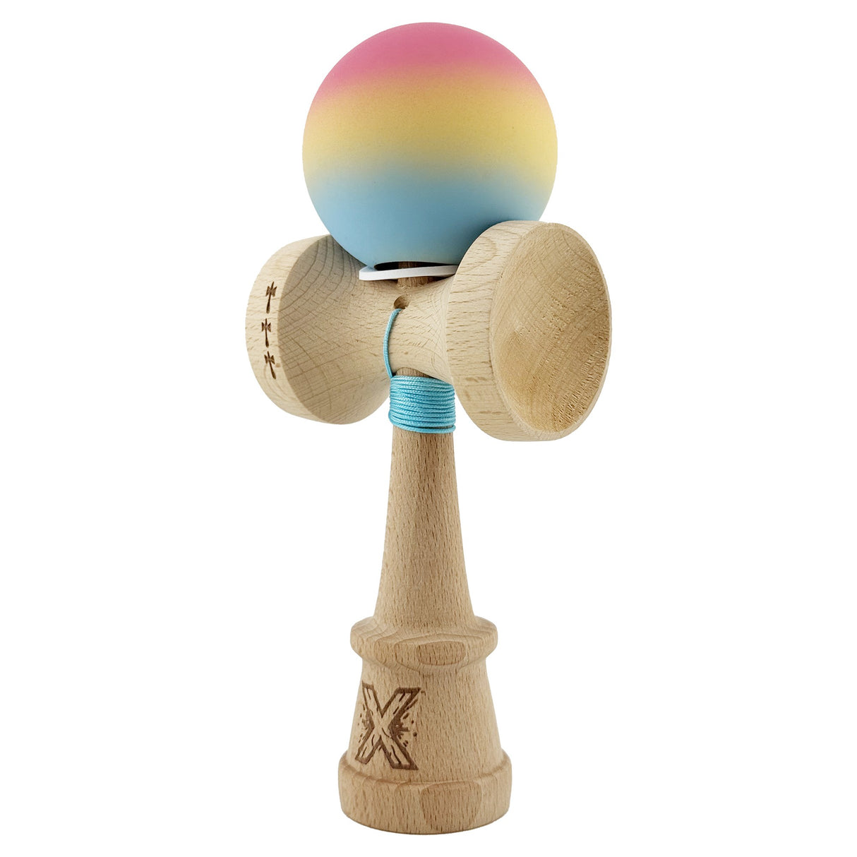 Kendama X Originala, Profesionala, Vivimall, Cupe Mari KING SIZE V3, Rubber Grip, Gaura in Baza, Rulment Metalic, din lemn 18 cm, Ata 55 cm, Gradient Roz/Galben/Albastru deschis - vivimall.ro