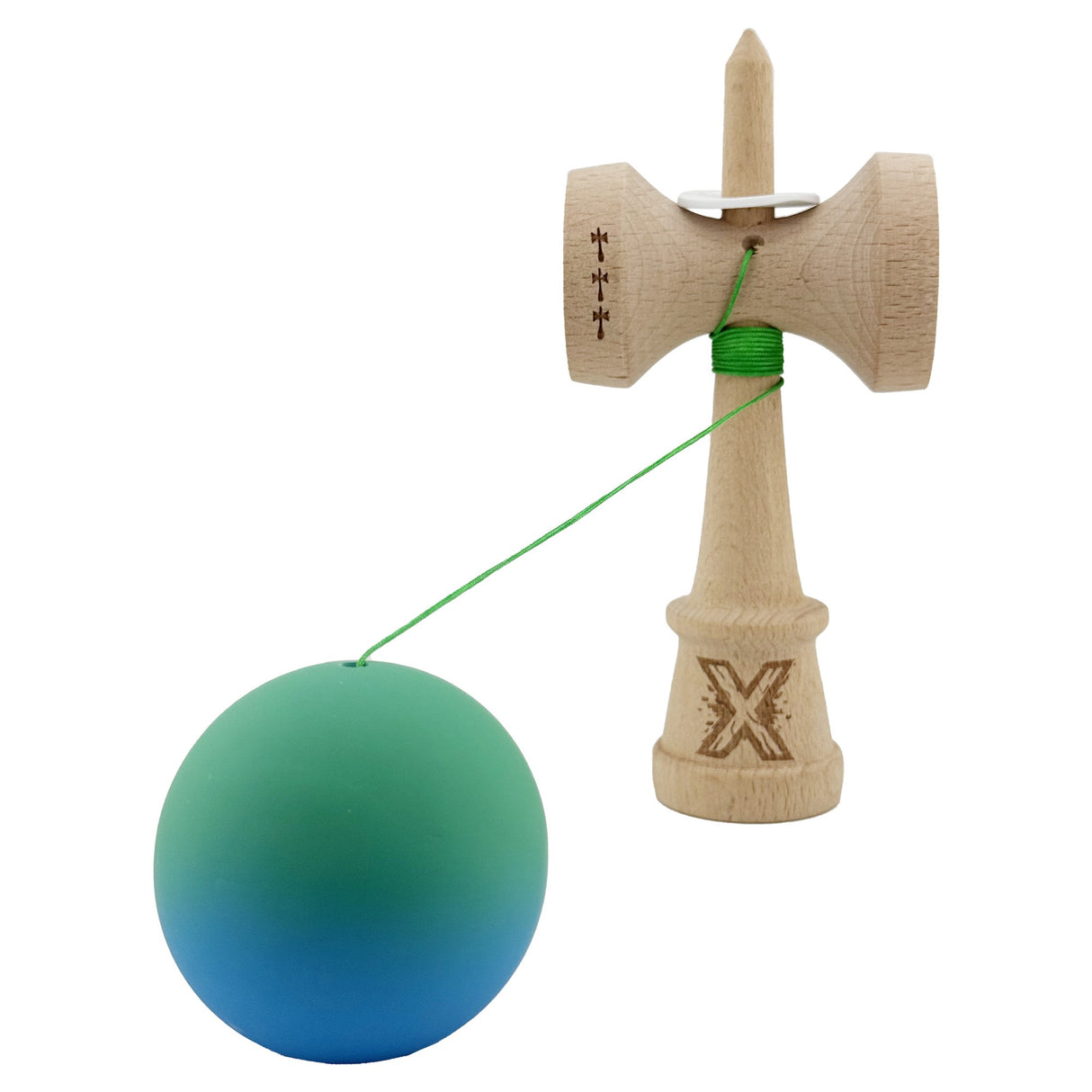 Kendama X Originala, Profesionala, Vivimall, Cupe Mari KING SIZE V3, Rubber Grip, Gaura in Baza, Rulment Metalic, din lemn 18 cm, Ata 55 cm, Gradient Verde/Albastru - vivimall.ro