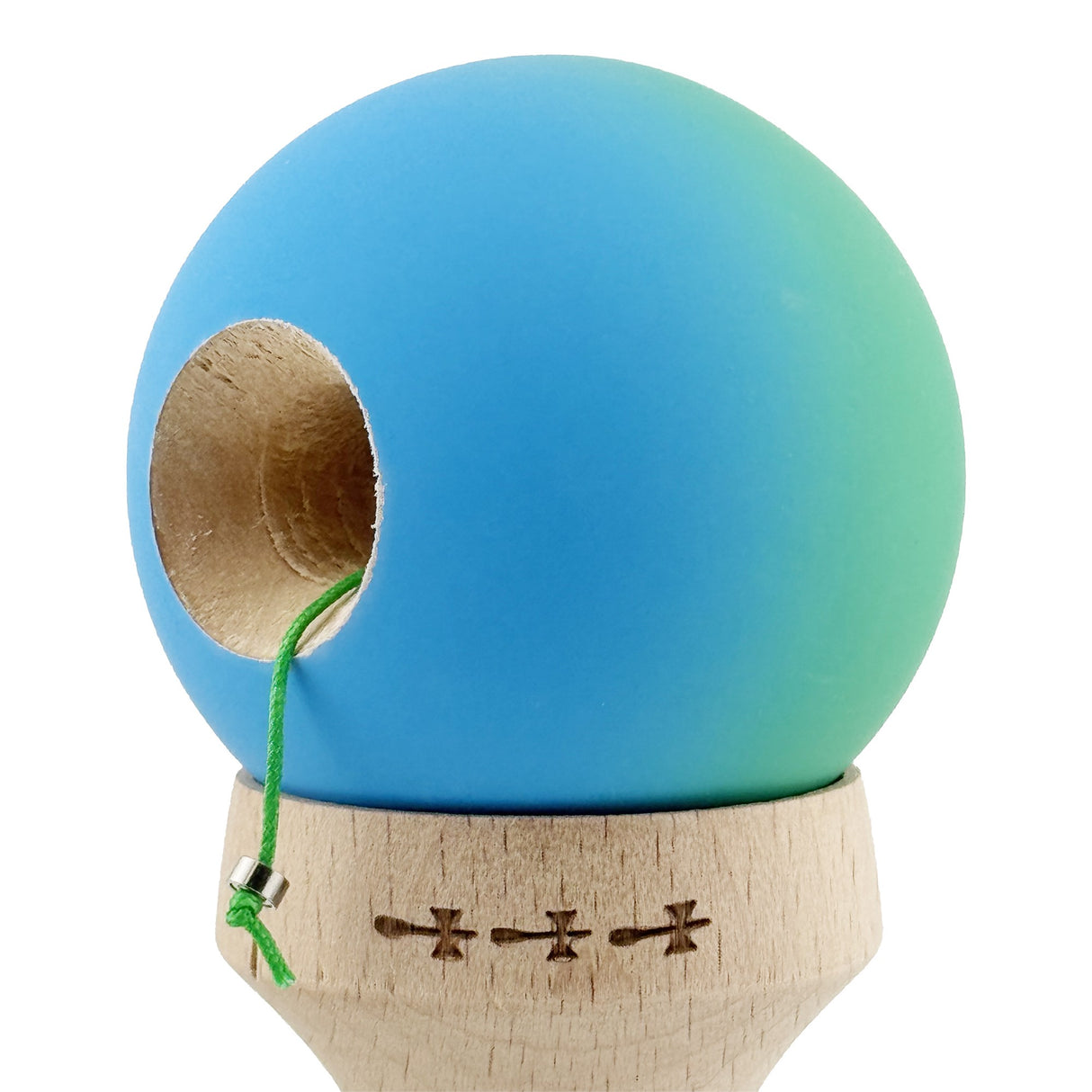 Kendama X Originala, Profesionala, Vivimall, Cupe Mari KING SIZE V3, Rubber Grip, Gaura in Baza, Rulment Metalic, din lemn 18 cm, Ata 55 cm, Gradient Verde/Albastru - vivimall.ro