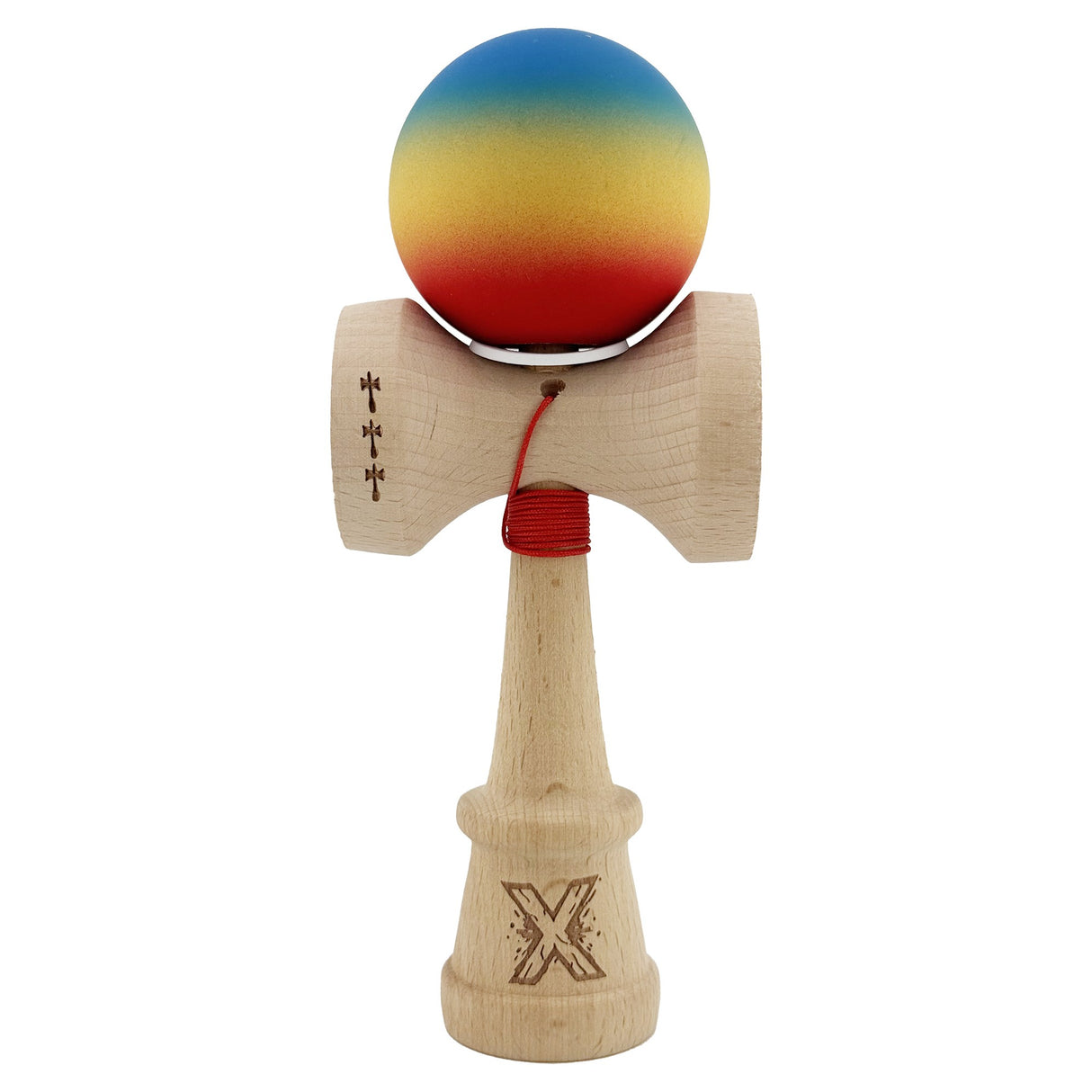 Kendama X Originala, Profesionala, Vivimall, Cupe Mari KING SIZE V3, Rubber Grip, Gaura in Baza, Rulment Metalic, din lemn 18 cm, Ata 55 cm, Gradient Albastru/Galben/Rosu - vivimall.ro
