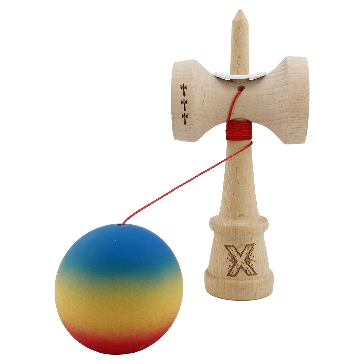 Kendama X Originala, Profesionala, Vivimall, Cupe Mari KING SIZE V3, Rubber Grip, Gaura in Baza, Rulment Metalic, din lemn 18 cm, Ata 55 cm, Gradient Albastru/Galben/Rosu - vivimall.ro