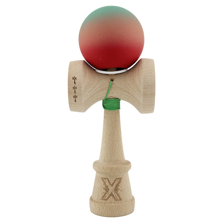 Kendama X Originala, Profesionala, Vivimall, Cupe Mari KING SIZE V3, Rubber Grip, Gaura in Baza, Rulment Metalic, din lemn 18 cm, Ata 55 cm, Gradient Verde/Roz/Rosu - vivimall.ro