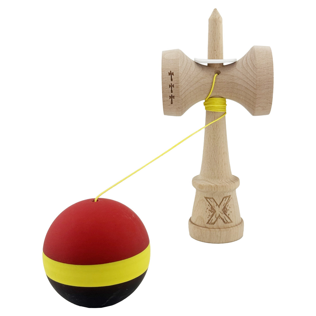 Kendama X Originala, Profesionala, Vivimall, Cupe Mari KING SIZE V3, Rubber Grip, Gaura in Baza, Rulment Metalic, din lemn 18 cm, Ata 55 cm, M Rosu/Galben/Negru - vivimall.ro