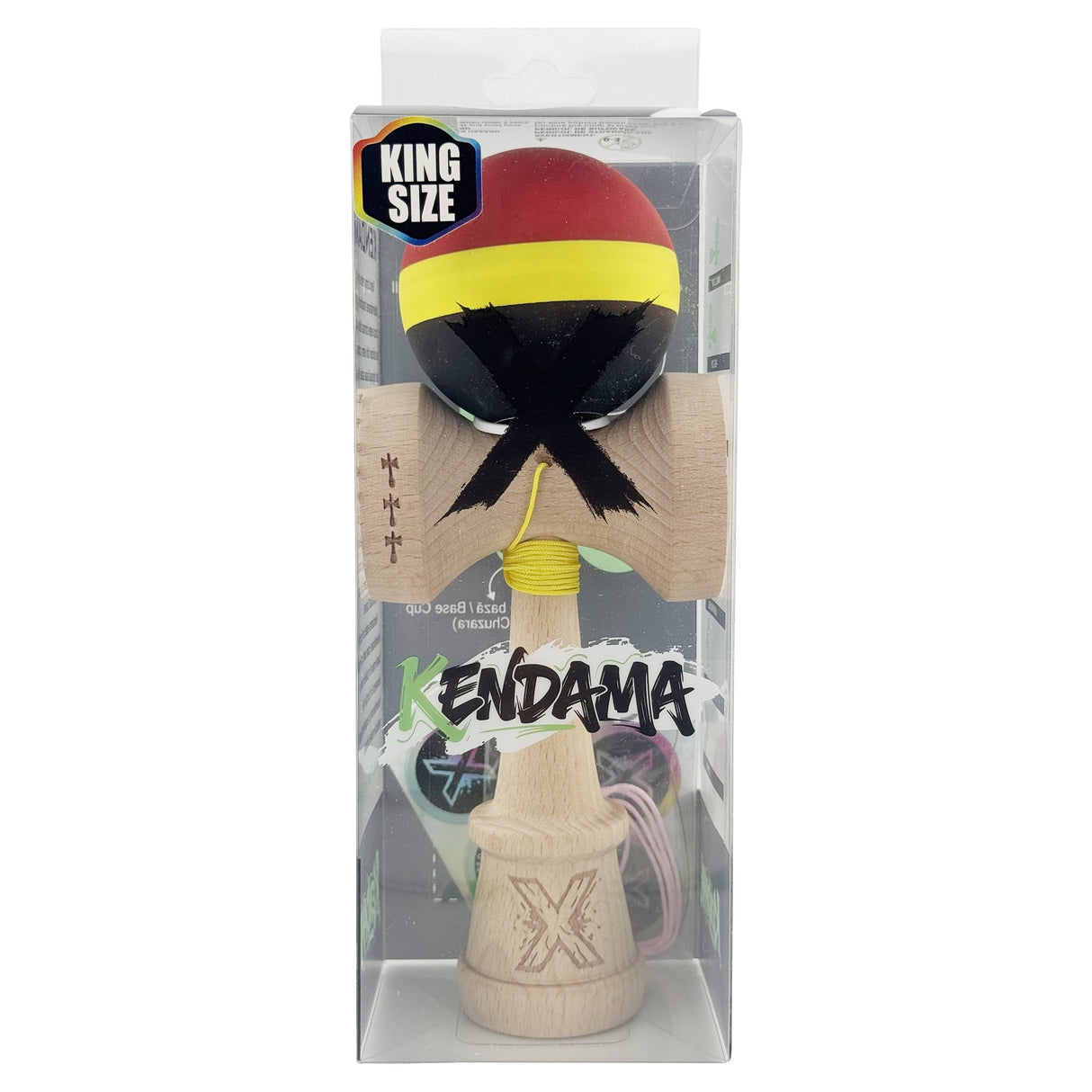 Kendama X Originala, Profesionala, Vivimall, Cupe Mari KING SIZE V3, Rubber Grip, Gaura in Baza, Rulment Metalic, din lemn 18 cm, Ata 55 cm, M Rosu/Galben/Negru - vivimall.ro