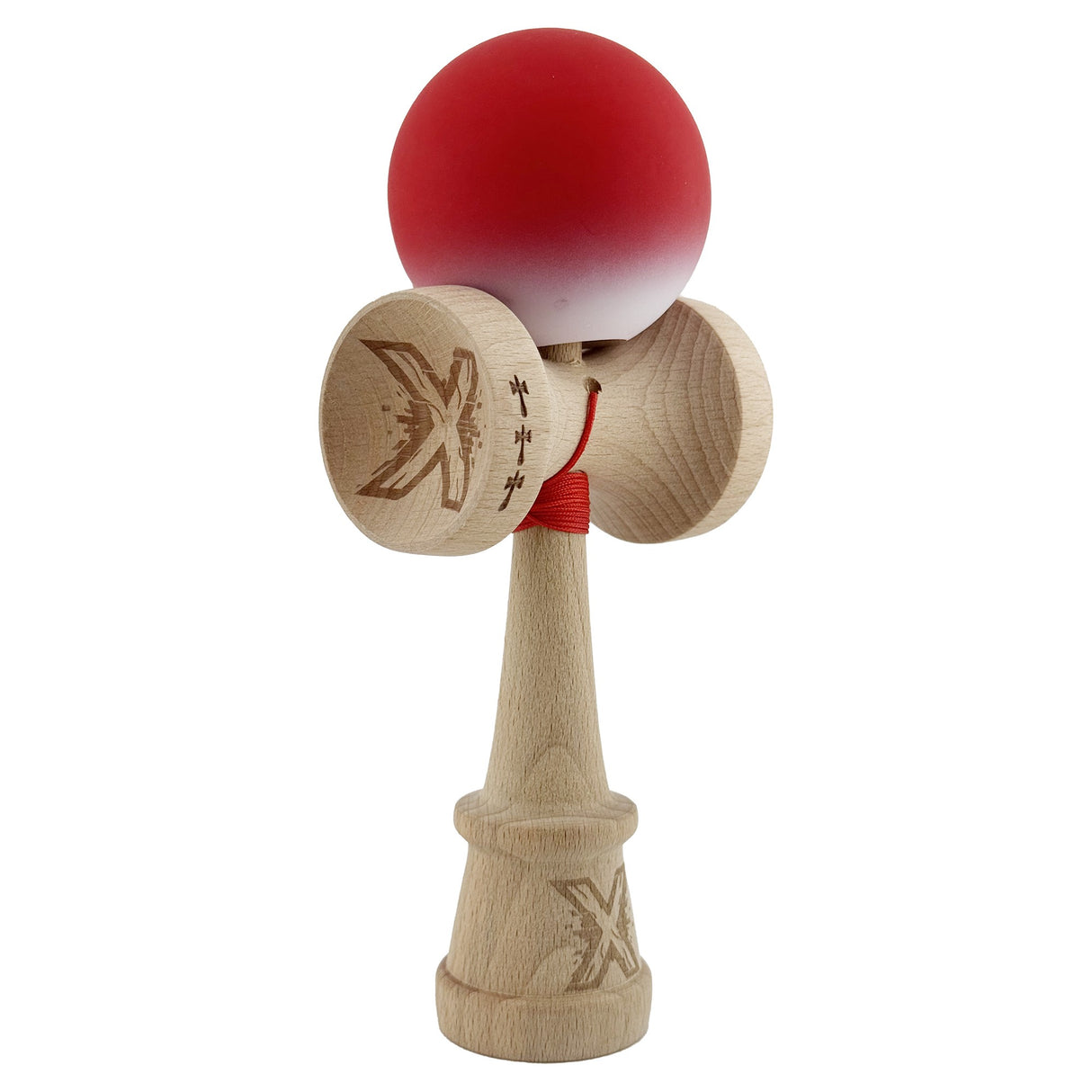 Kendama X Originala, Profesionala, Vivimall, Cupe Mari KING SIZE V3, Rubber Grip, Gaura in Baza, Rulment Metalic, din lemn 18 cm, Ata 55 cm, Gradient Rosu/Alb - vivimall.ro