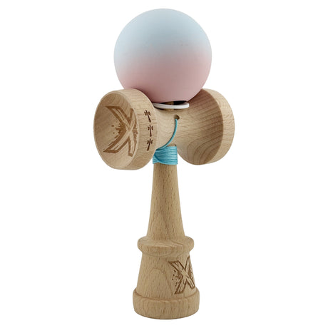 Kendama X Originala, Profesionala, Vivimall, Cupe Mari KING SIZE V3, Rubber Grip, Gaura in Baza, Rulment Metalic, din lemn 18 cm, Ata 55 cm, Gradient Albastru deschis/Roz - vivimall.ro