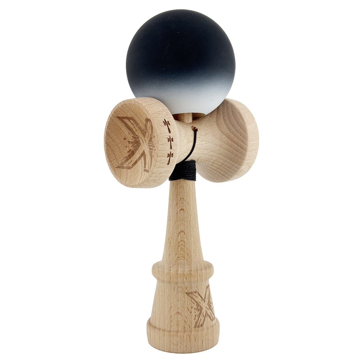 Kendama X Originala, Profesionala, Flippy, Cupe Mari KING SIZE V3, Rubber Grip, Gaura in Baza, Rulment Metalic, din lemn 18 cm, Ata 55 cm, Gradient Negru/Alb - vivimall.ro