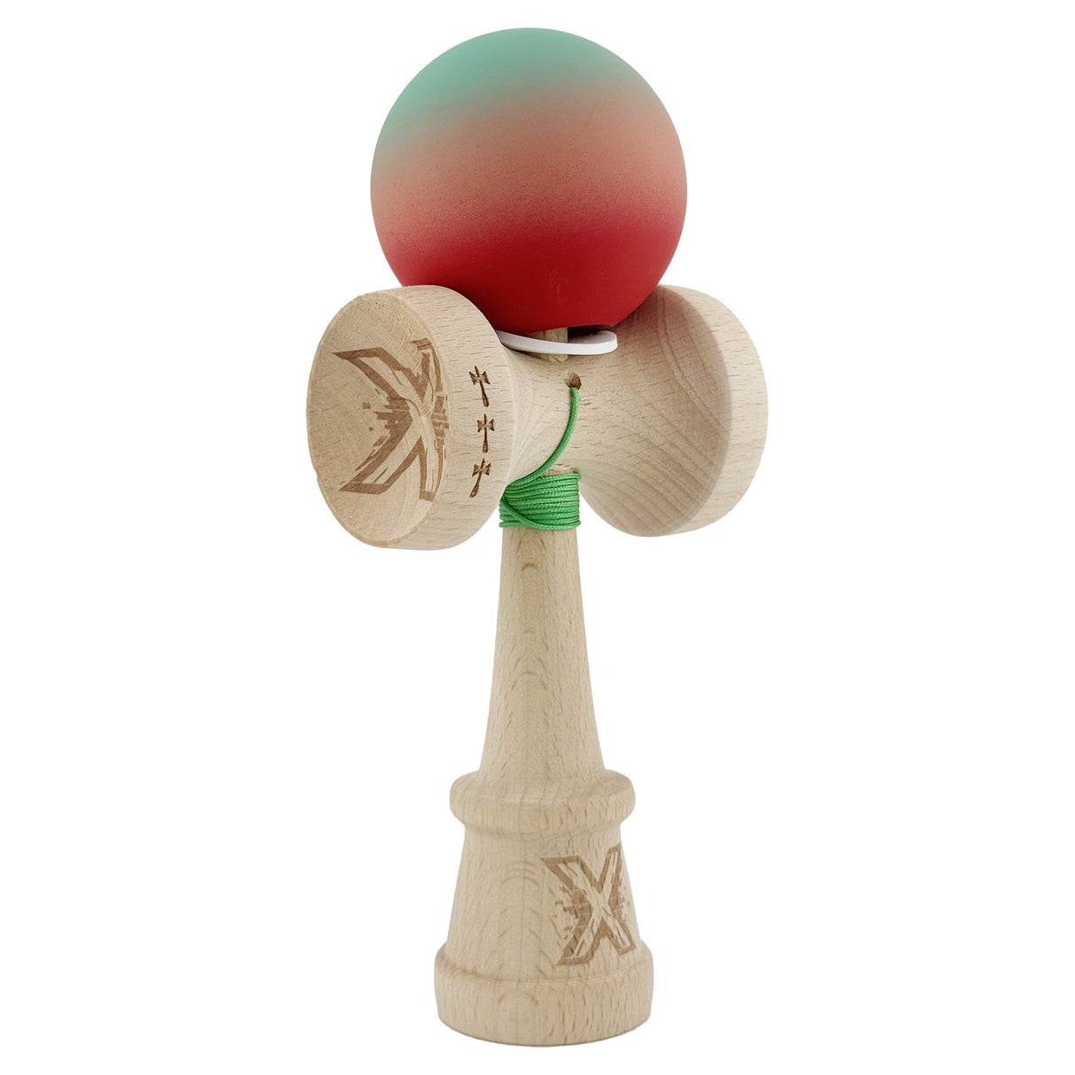 Kendama X Originala, Profesionala, Vivimall, Cupe Mari KING SIZE V3, Rubber Grip, Gaura in Baza, Rulment Metalic, din lemn 18 cm, Ata 55 cm, Gradient Verde/Roz/Rosu - vivimall.ro