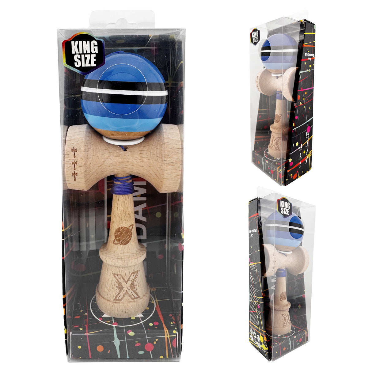 Kendama X Originala, Profesionala, Vivimall, SATURN Blue Planet, Super Sticky cu Cupe Mari KING SIZE V3, Gaura in Baza, Rulment Metalic, din lemn 18 cm, Ata 62/65 cm, Albastru - vivimall.ro