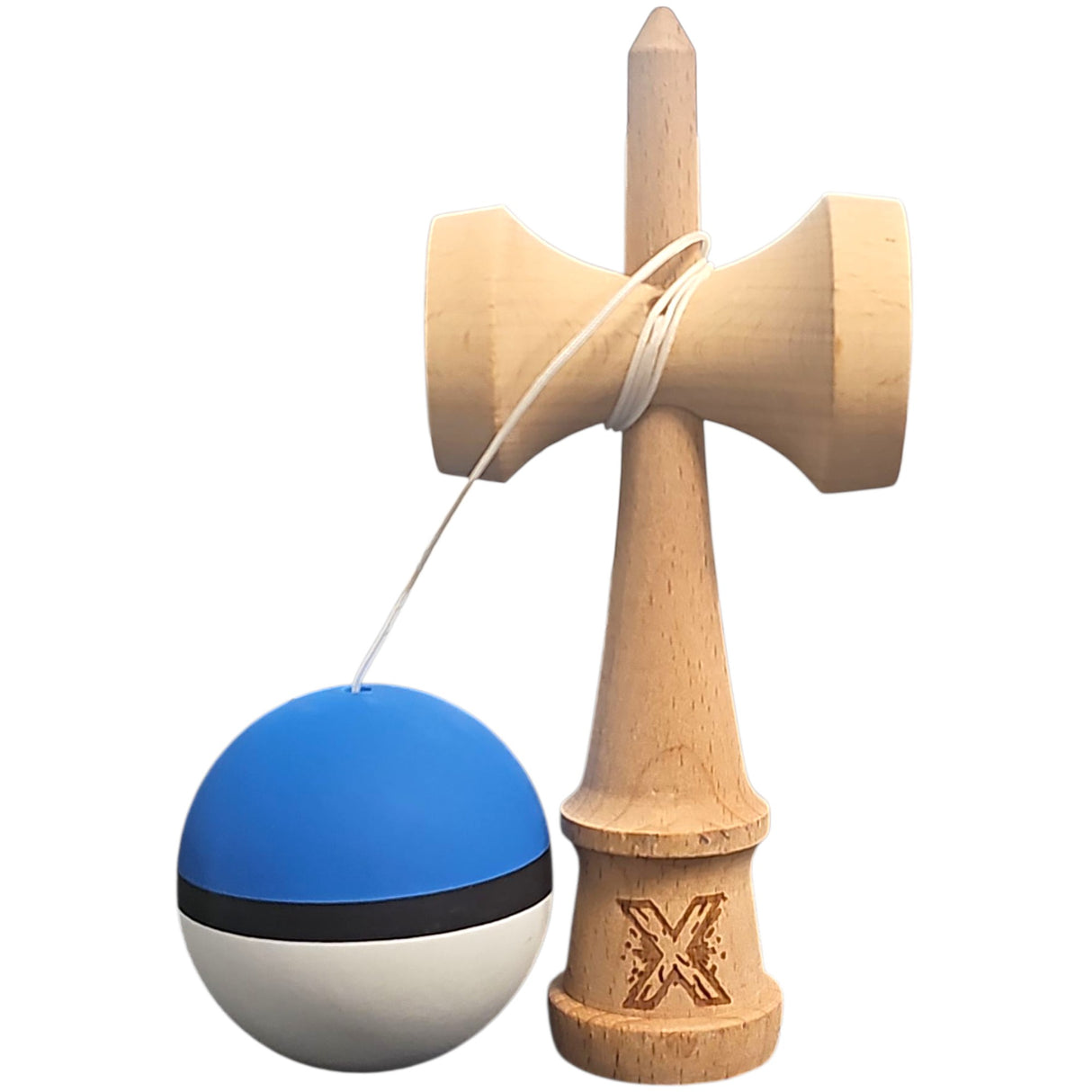 Kendama X Originala, Profesionala din Lemn, 18 cm, Rubber Grip, Albastru/Negru/Alb - vivimall.ro
