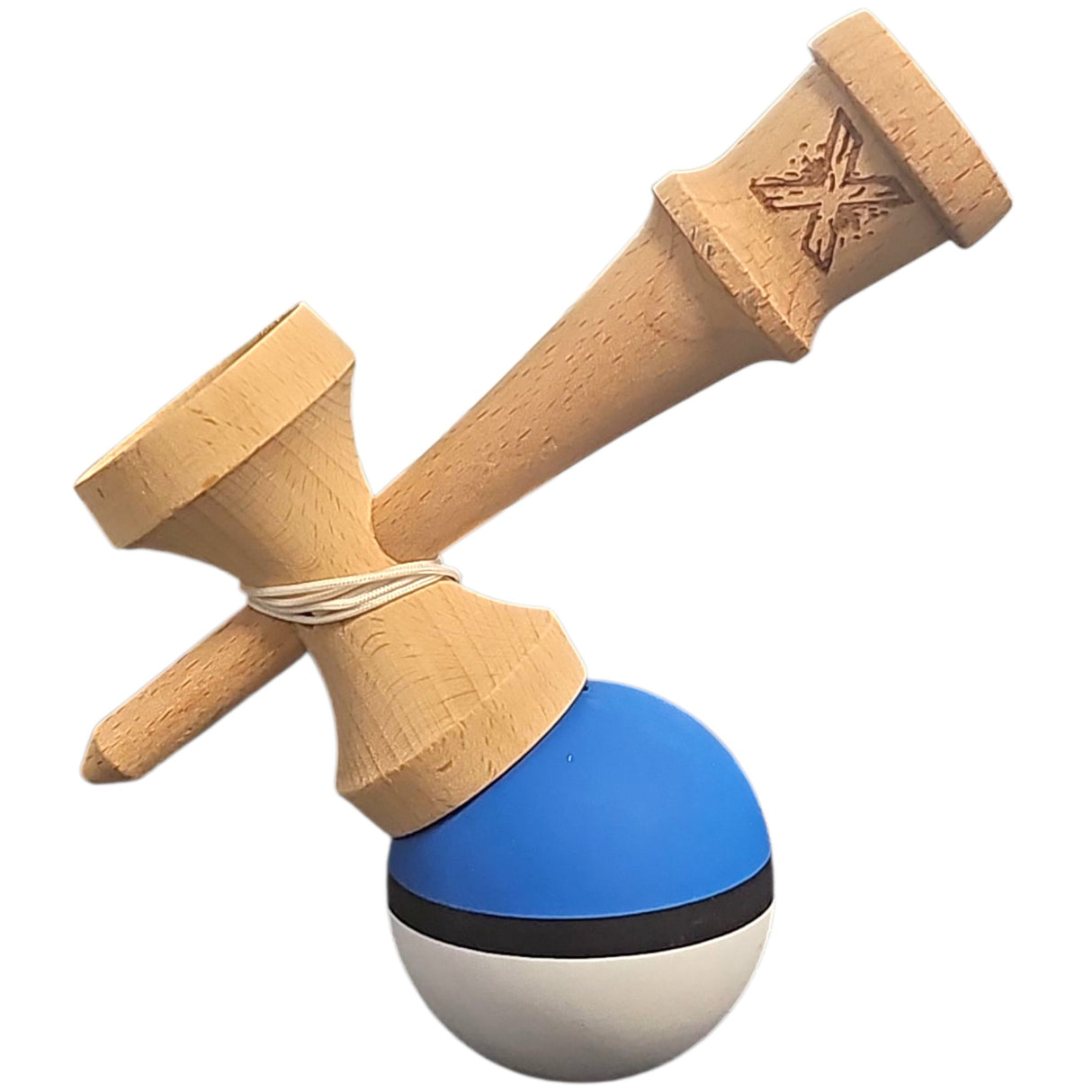 Kendama X Originala, Profesionala din Lemn, 18 cm, Rubber Grip, Albastru/Negru/Alb - vivimall.ro