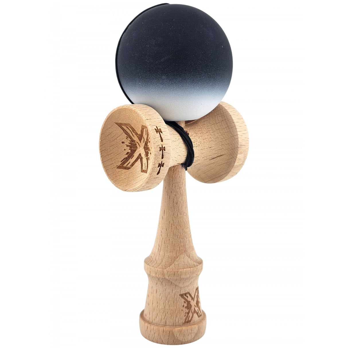 Kendama X Originala, Profesionala, Vivimall, Big Cups V2, Rubber Grip cu Cupe Mari, Rulment Metalic cu Ata 55 cm,-Gradient Alb/Negru - vivimall.ro