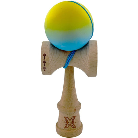 Kendama X Originala, Profesionala, Vivimall, Big Cups V2, Rubber Grip cu Cupe Mari, Rulment Metalic cu Ata 55 cm,-Gradient Galben/Albastru - vivimall.ro