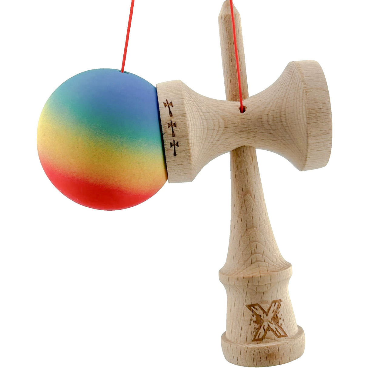 Kendama X Originala, Profesionala, Flippy, Big Cups V2, Rubber Grip cu Cupe Mari, Rulment Metalic cu Ata 55 cm,-Gradient Albastru/Galben/Rosu - vivimall.ro
