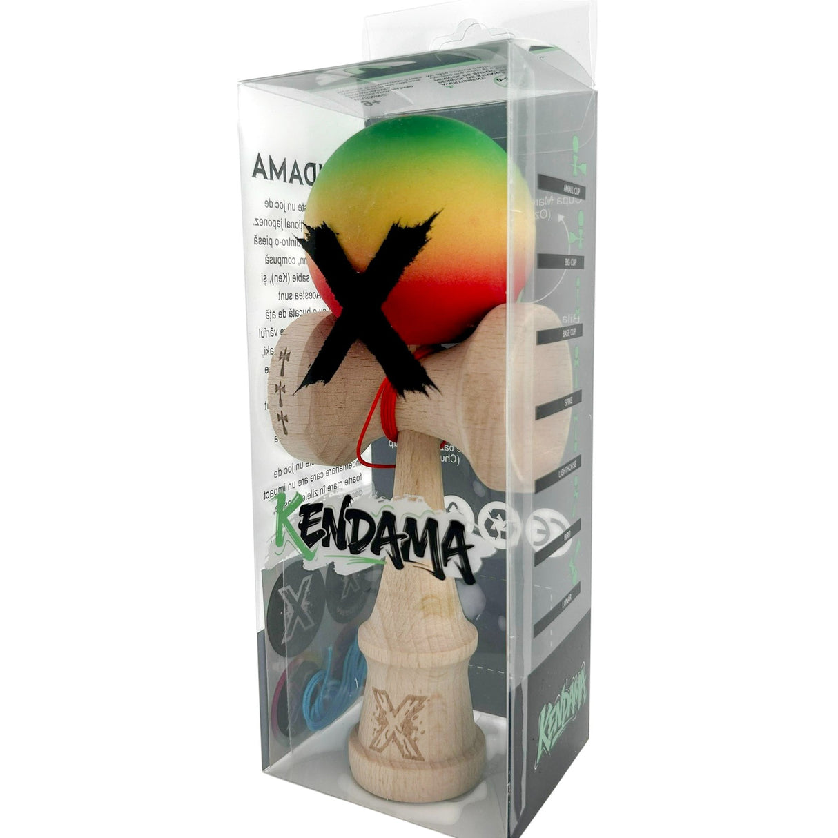 Kendama X Originala, Profesionala, Flippy, Big Cups V2, Rubber Grip cu Cupe Mari, Rulment Metalic cu Ata 55 cm, Verde/Galben/Rosu - vivimall.ro