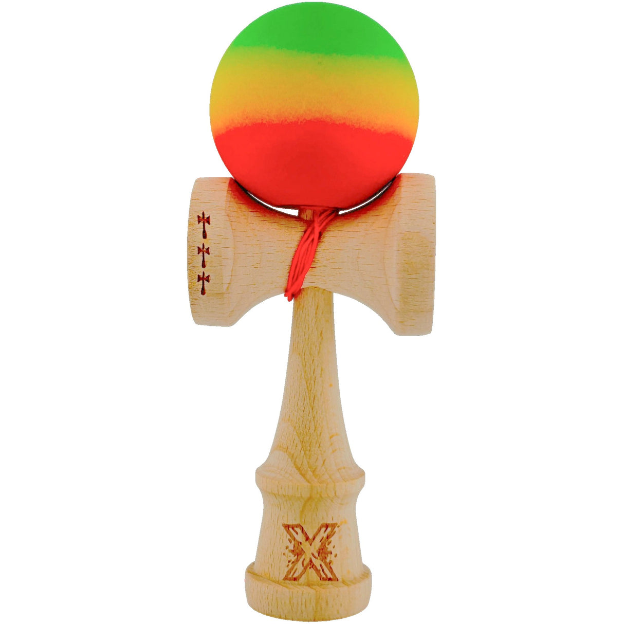 Kendama X Originala, Profesionala, Vivimall, Big Cups V2, Rubber Grip cu Cupe Mari, Rulment Metalic cu Ata 55 cm, Verde/Galben/Rosu - vivimall.ro