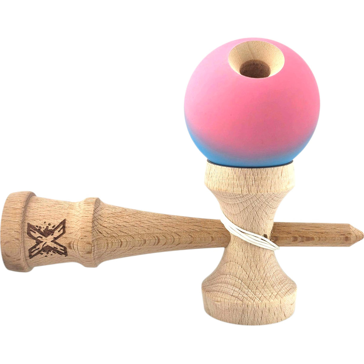 Kendama X Originala, Profesionala, Flippy, din Lemn, Rubber Grip, 18 cm, Albastru/Roz - vivimall.ro