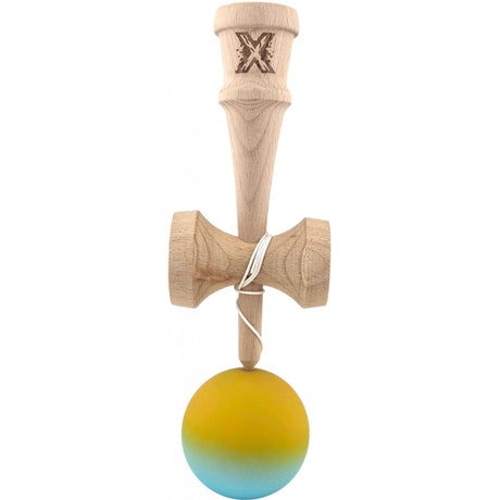 Kendama X Originala, Profesionala, Flippy, din Lemn, Rubber Grip, 18 cm, Galben/Albastru - vivimall.ro