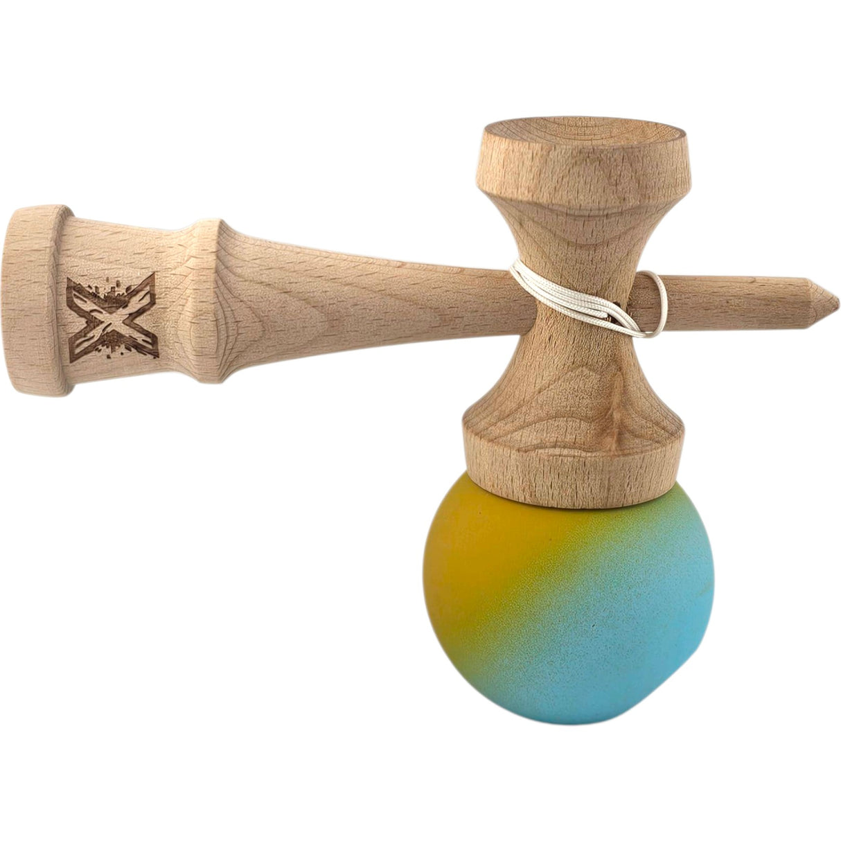 Kendama X Originala, Profesionala, Flippy, din Lemn, Rubber Grip, 18 cm, Galben/Albastru - vivimall.ro