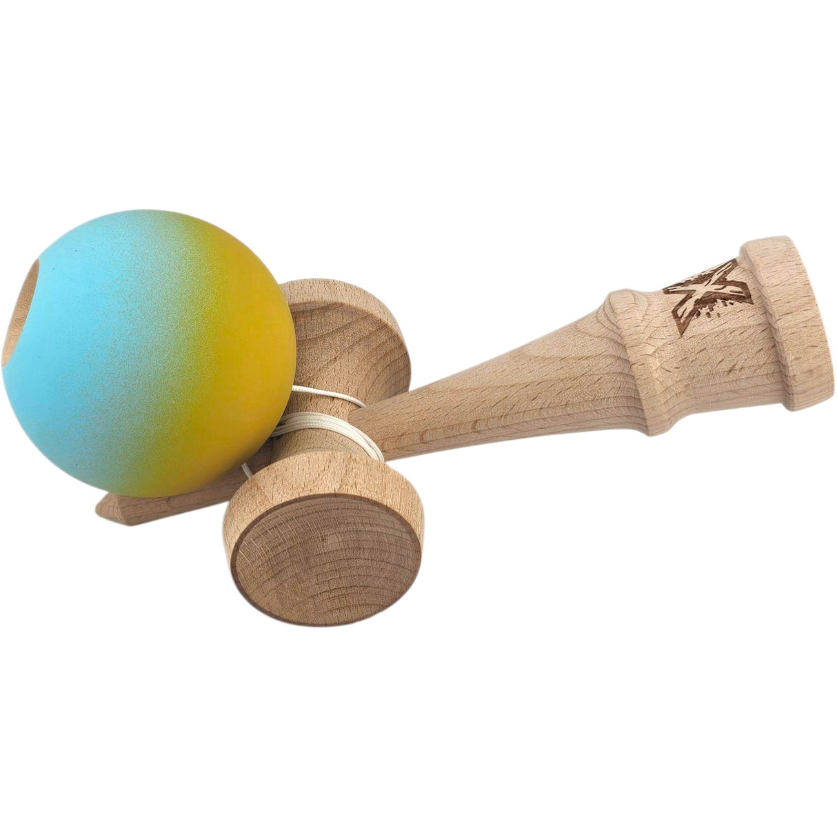 Kendama X Originala, Profesionala, Flippy, din Lemn, Rubber Grip, 18 cm, Galben/Albastru - vivimall.ro